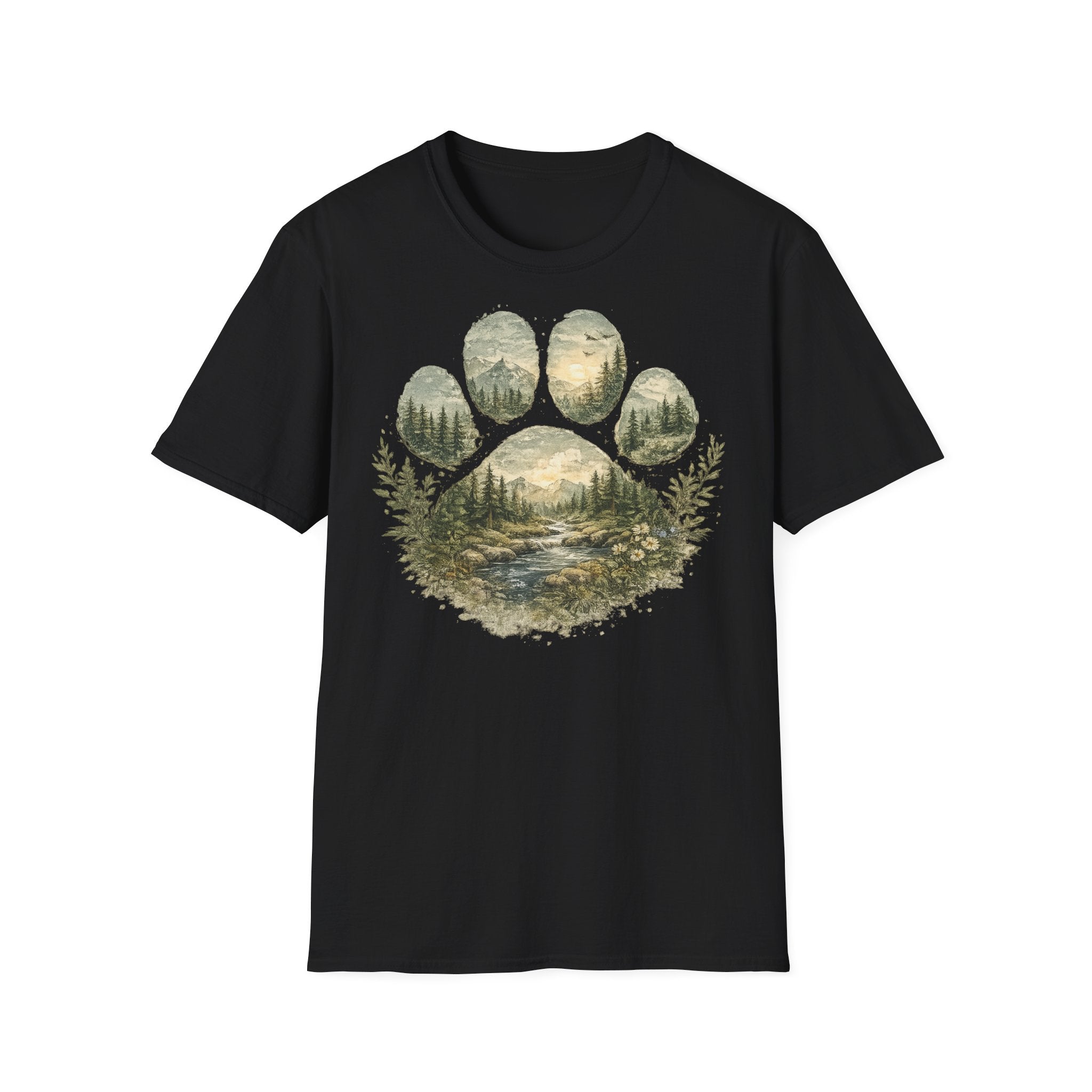 Wild Paw Landscape T-Shirt — Mountain Forest Paw Print Nature Tee