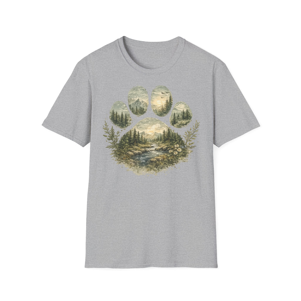 Wild Paw Landscape T-Shirt — Mountain Forest Paw Print Nature Tee