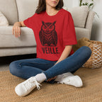 T-shirt illustré avec hibou — « VEILLE. » — T-shirt graphique vintage de veille nocturne