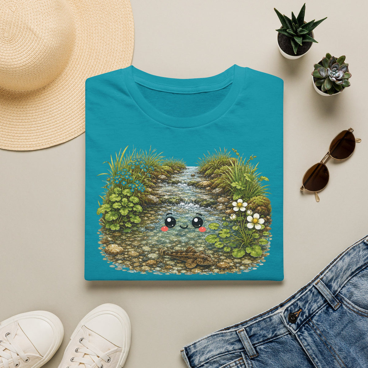T-shirt avec adorable ruisseau kawaii — Motif nature représentant un ruisseau forestier avec un visage attendrissant
