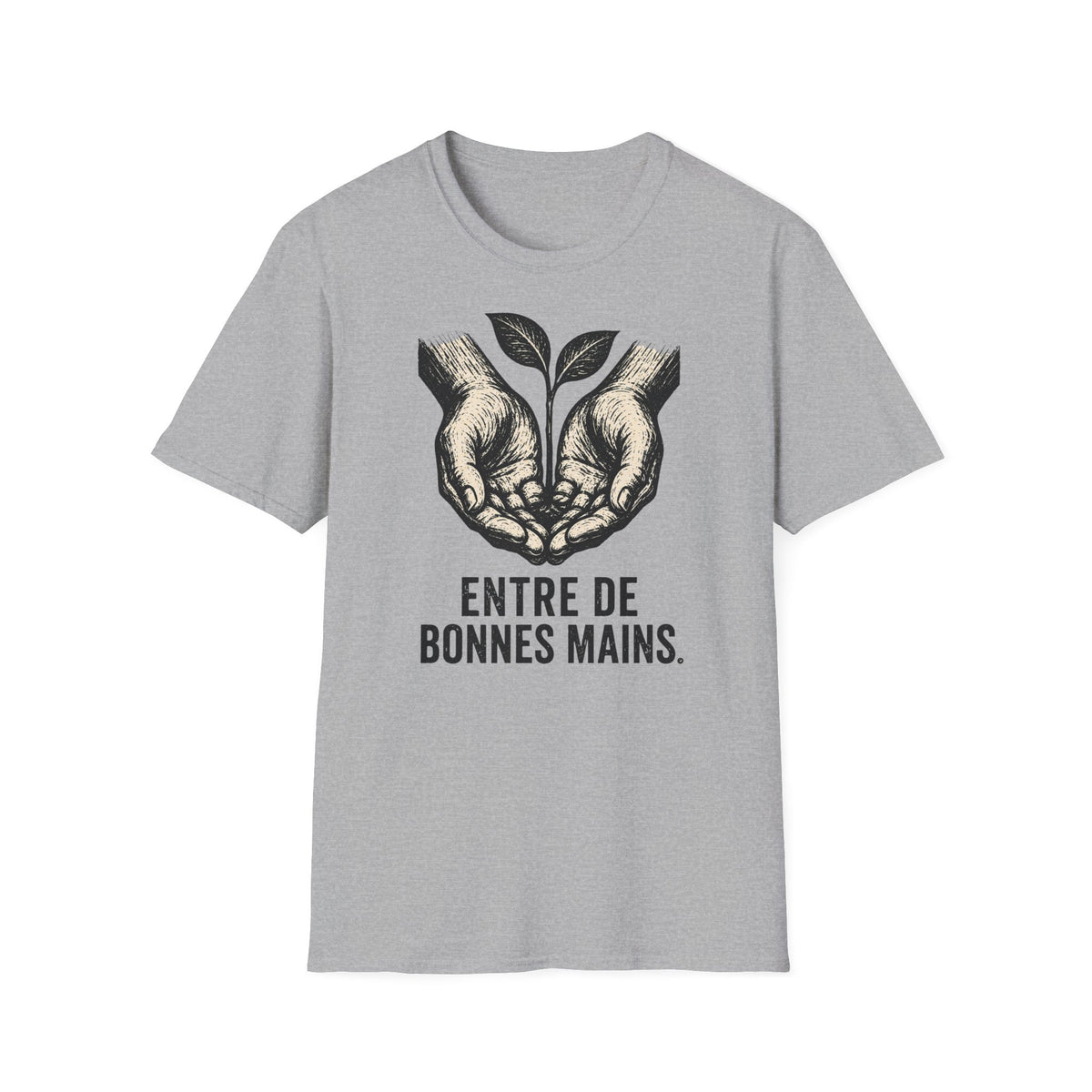 T-shirt — « Entre de bonnes mains » — Illustration graphique de mains tenant une jeune pousse