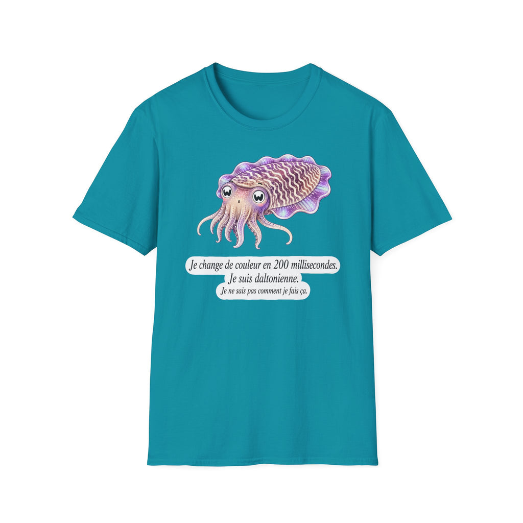 T-shirt illustré avec une seiche — « Je change de couleur en 200 millisecondes »