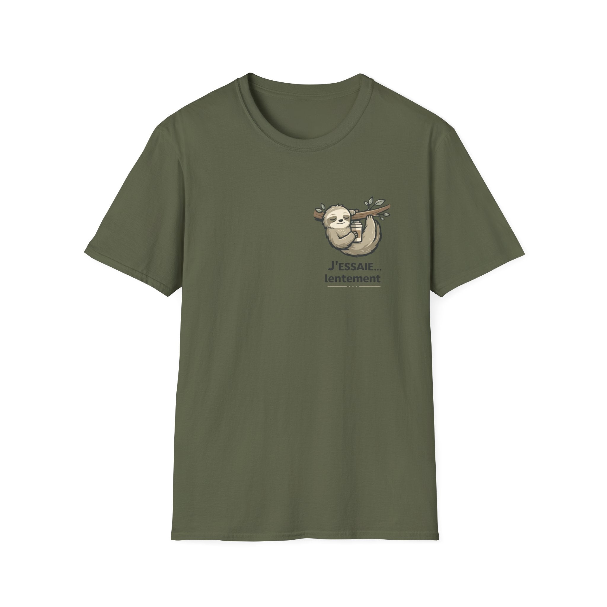Sloth Illustration T-Shirt — "J'essaie... mais lentement" Cute Relaxed Vibe Tee