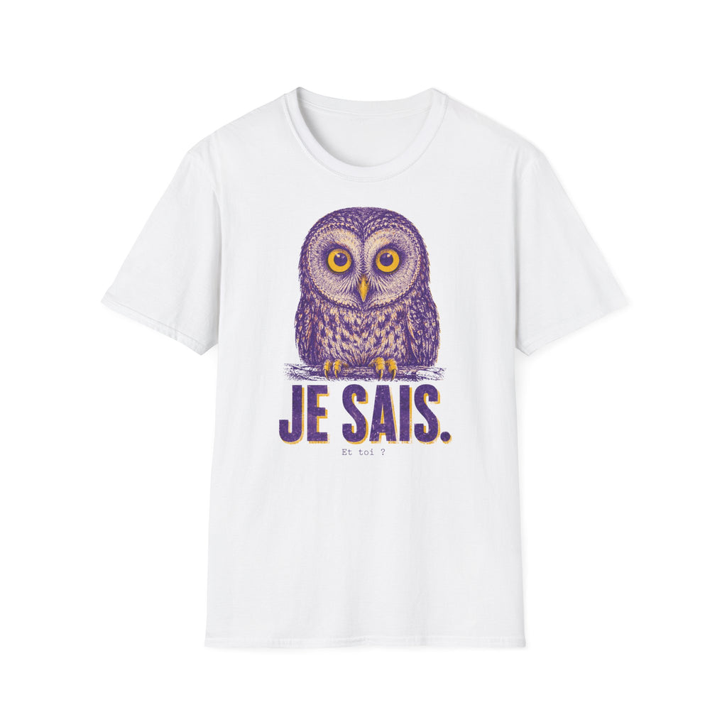 T-shirt graphique avec hibou — Hibou violet avec inscription « Je sais. »