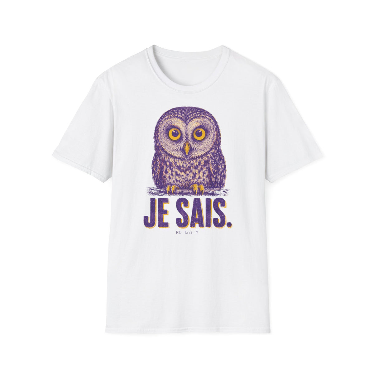 T-shirt graphique avec hibou — Hibou violet avec inscription « Je sais. »