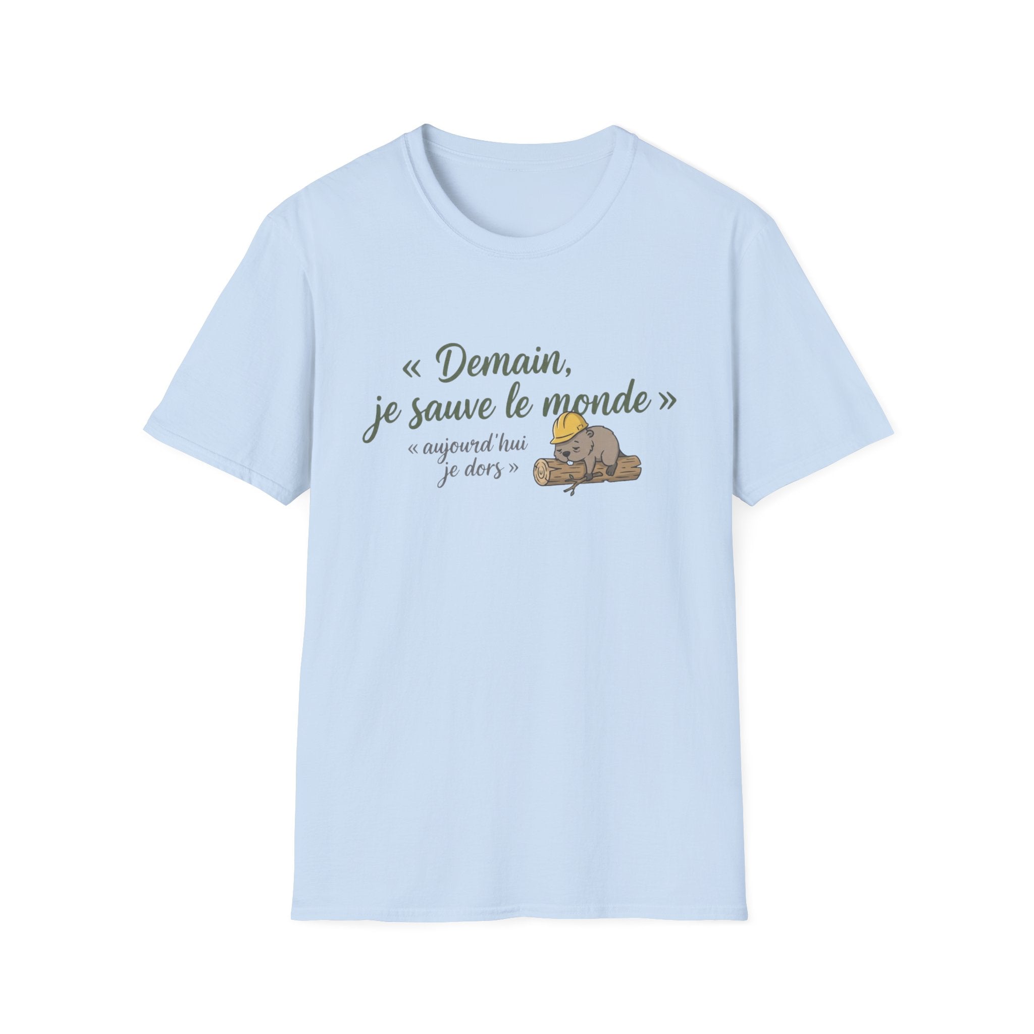 T-Shirt — "Demain, je sauve le monde" Cute Sleeping Sloth French Graphic Tee