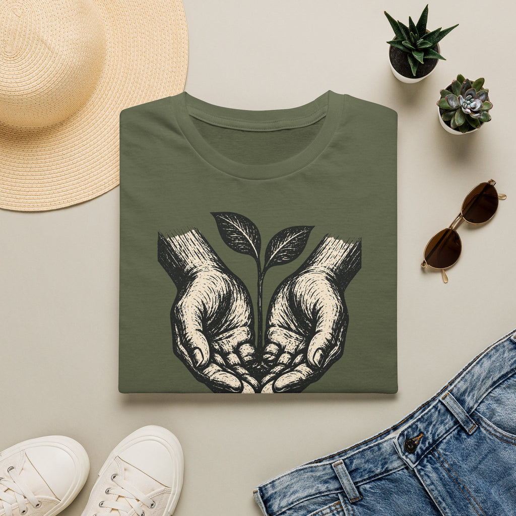 T-shirt — « Entre de bonnes mains » — Illustration graphique de mains tenant une jeune pousse