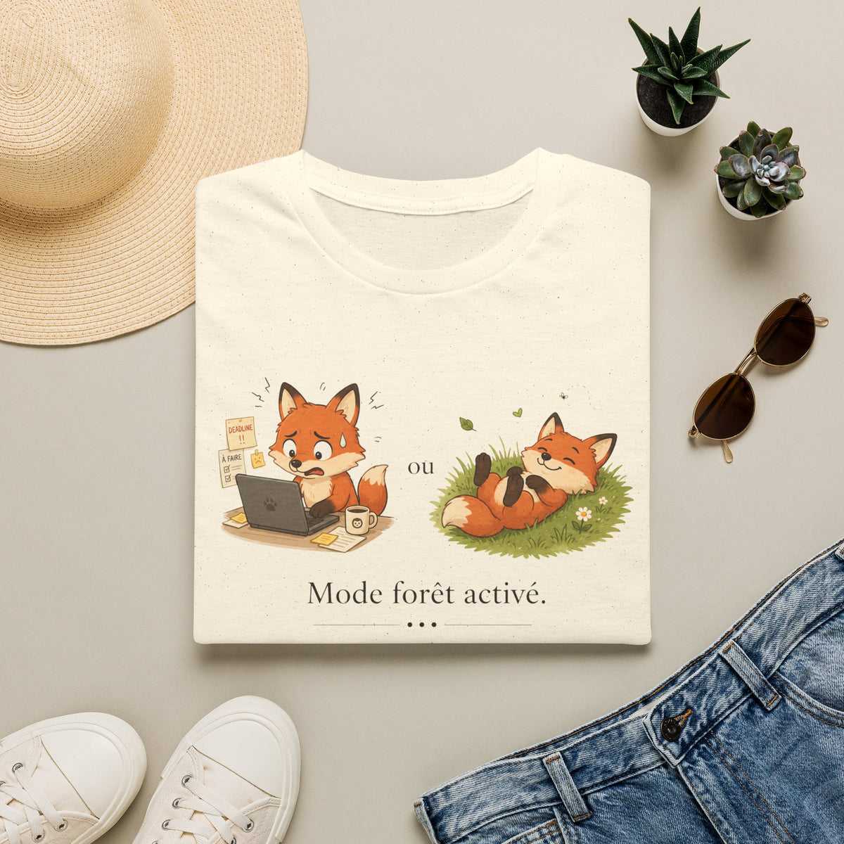 T-shirt graphique avec renards — « Mode forêt activé / … »