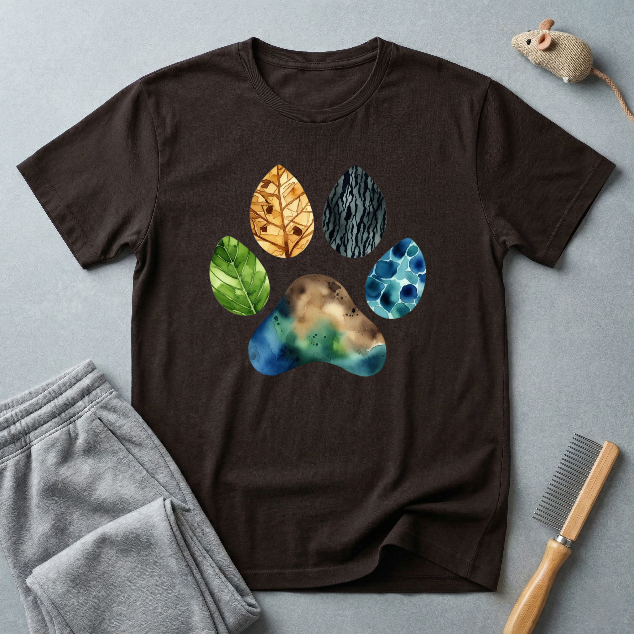 T-shirt empreinte de patte nature — motif coloré de patte en feuilles et pierres