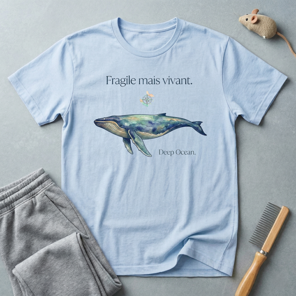 T-shirt Baleine Aquarelle — T-shirt de sensibilisation à la protection des océans «Fragile mais vivant.»