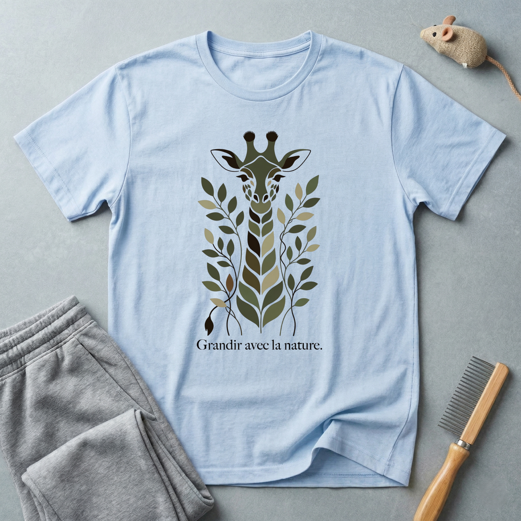 T-shirt silhouette de girafe et feuilles — T-shirt nature écoresponsable «Grandir avec la nature»