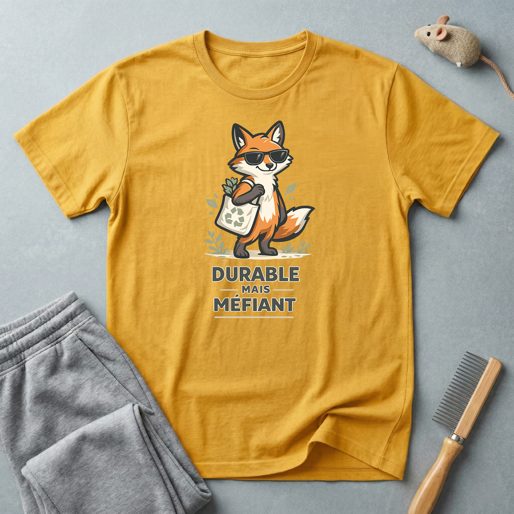 T-shirt illustration de renard — "Durable Mais Méfiant"