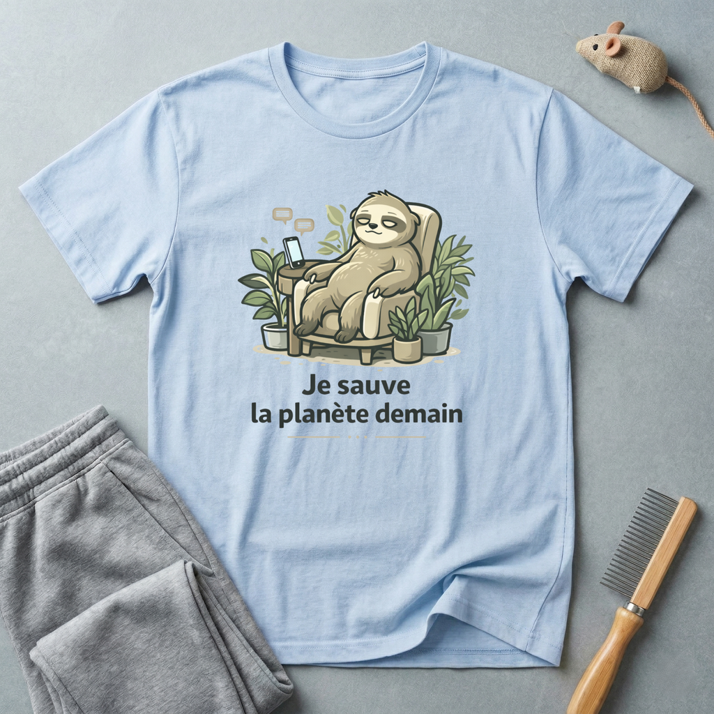 T-shirt éco paresseux — «Je sauve la planète demain»