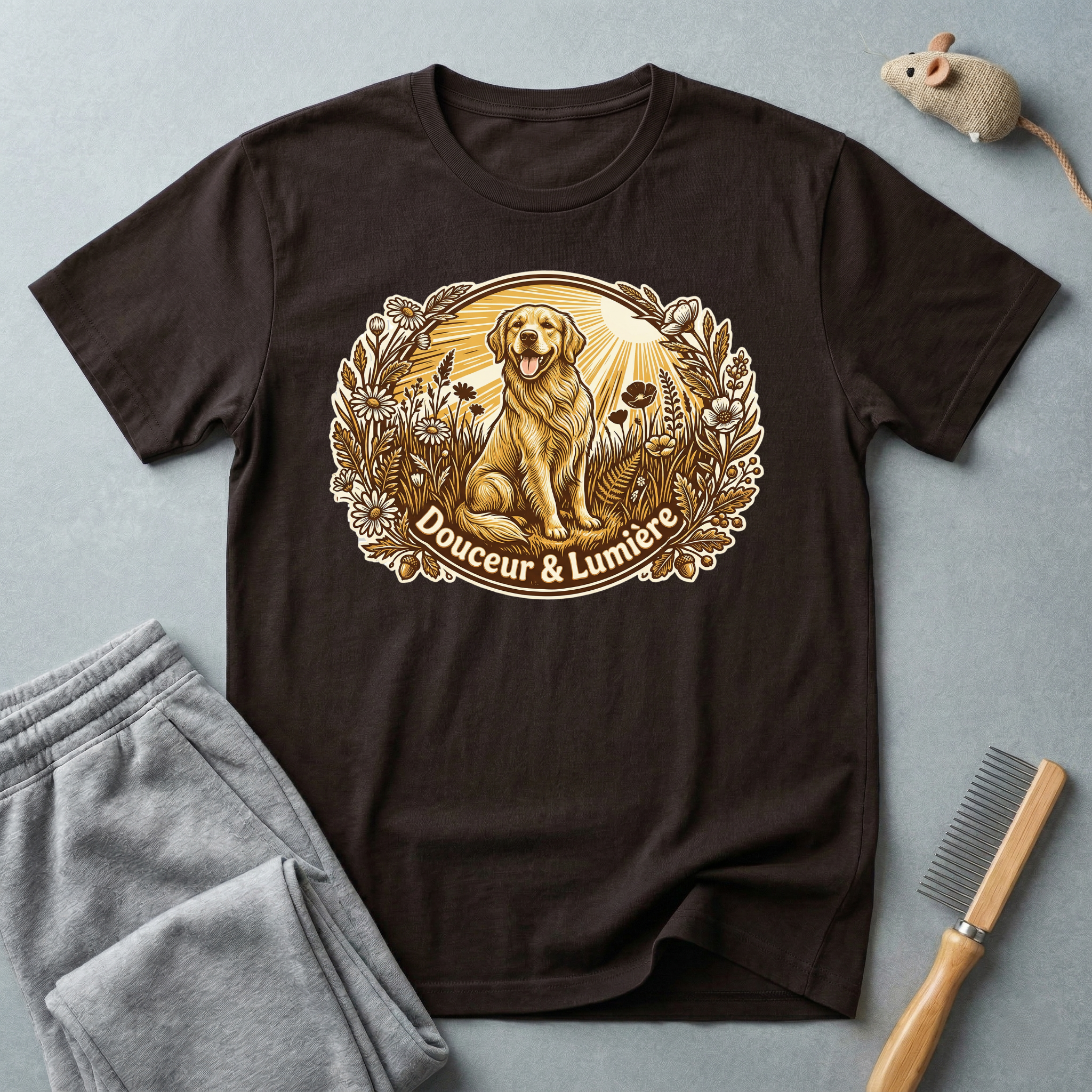 T-shirt Golden Retriever floral — T-shirt graphique chien vintage «Douceur & Lumière»