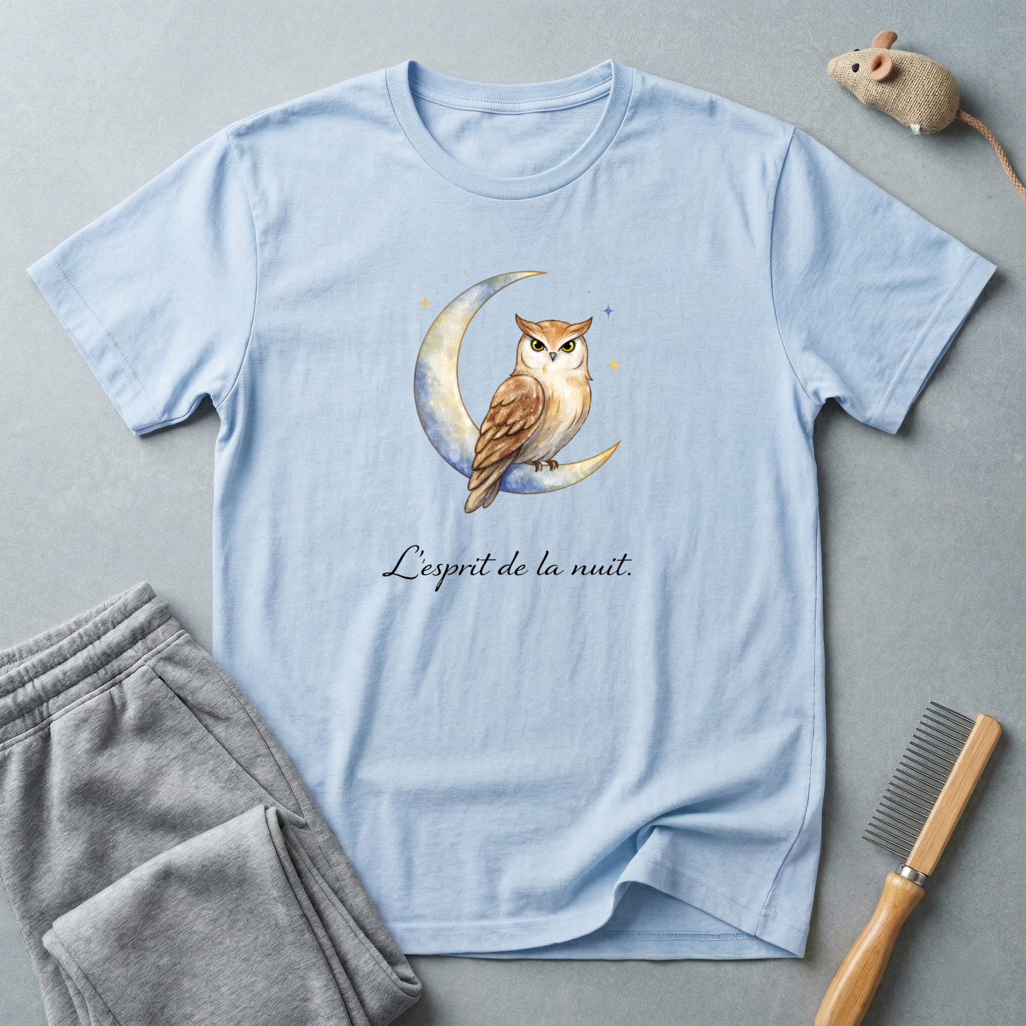 T-shirt Hibou sur croissant de lune aquarelle «L’esprit de la nuit»