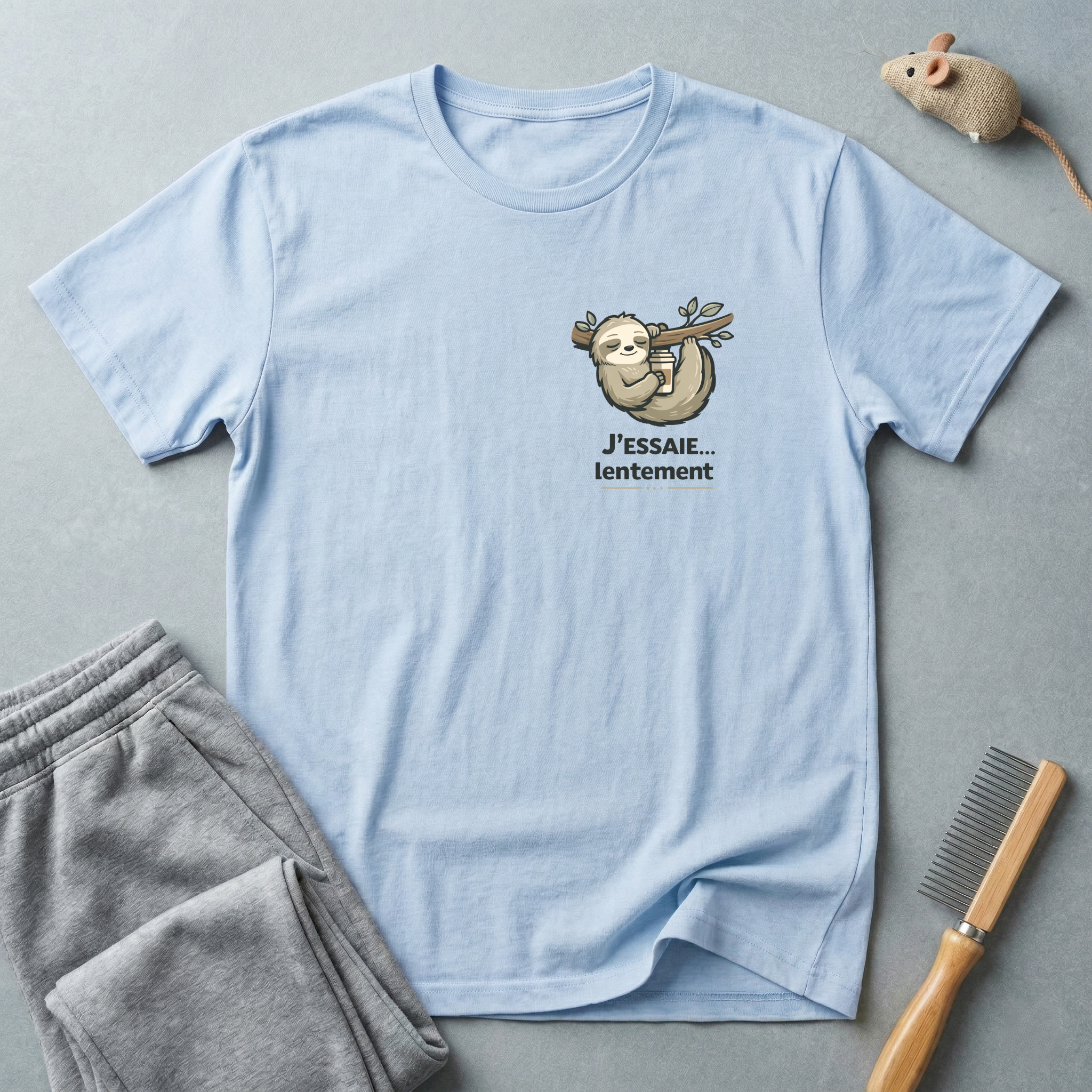 T-shirt illustration de paresseux — «J’essaie… mais lentement»