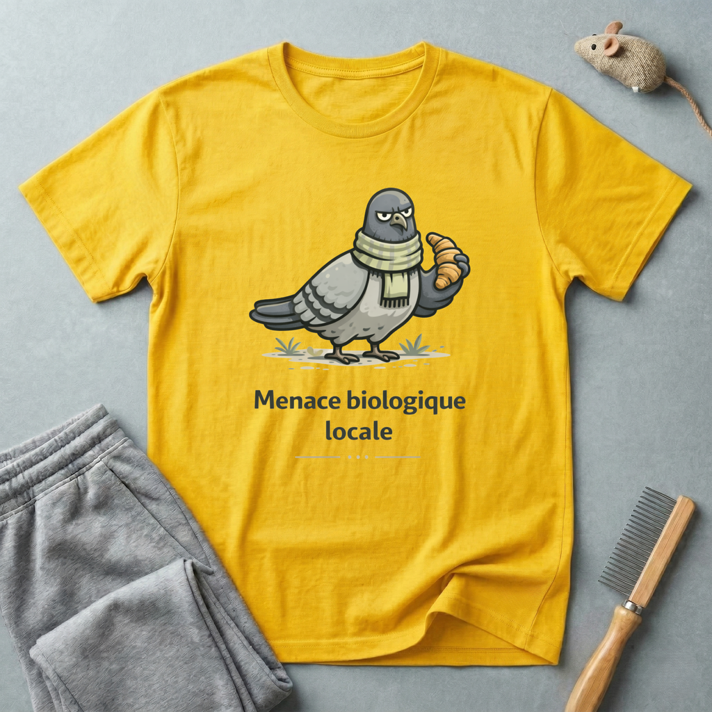 T-Shirt — "Menace biologique locale" Pigeon avec une écharpe et un croissant