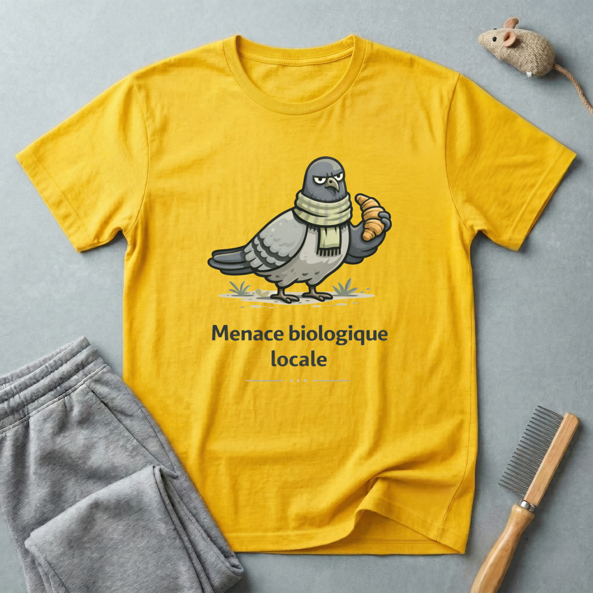 T-Shirt — "Menace biologique locale" Pigeon avec une écharpe et un croissant