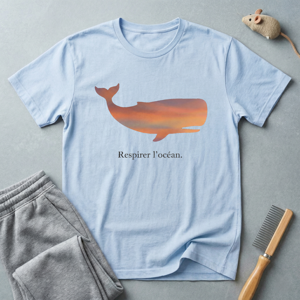 T-shirt — Silhouette de baleine au coucher de soleil «Respirer l’océan»