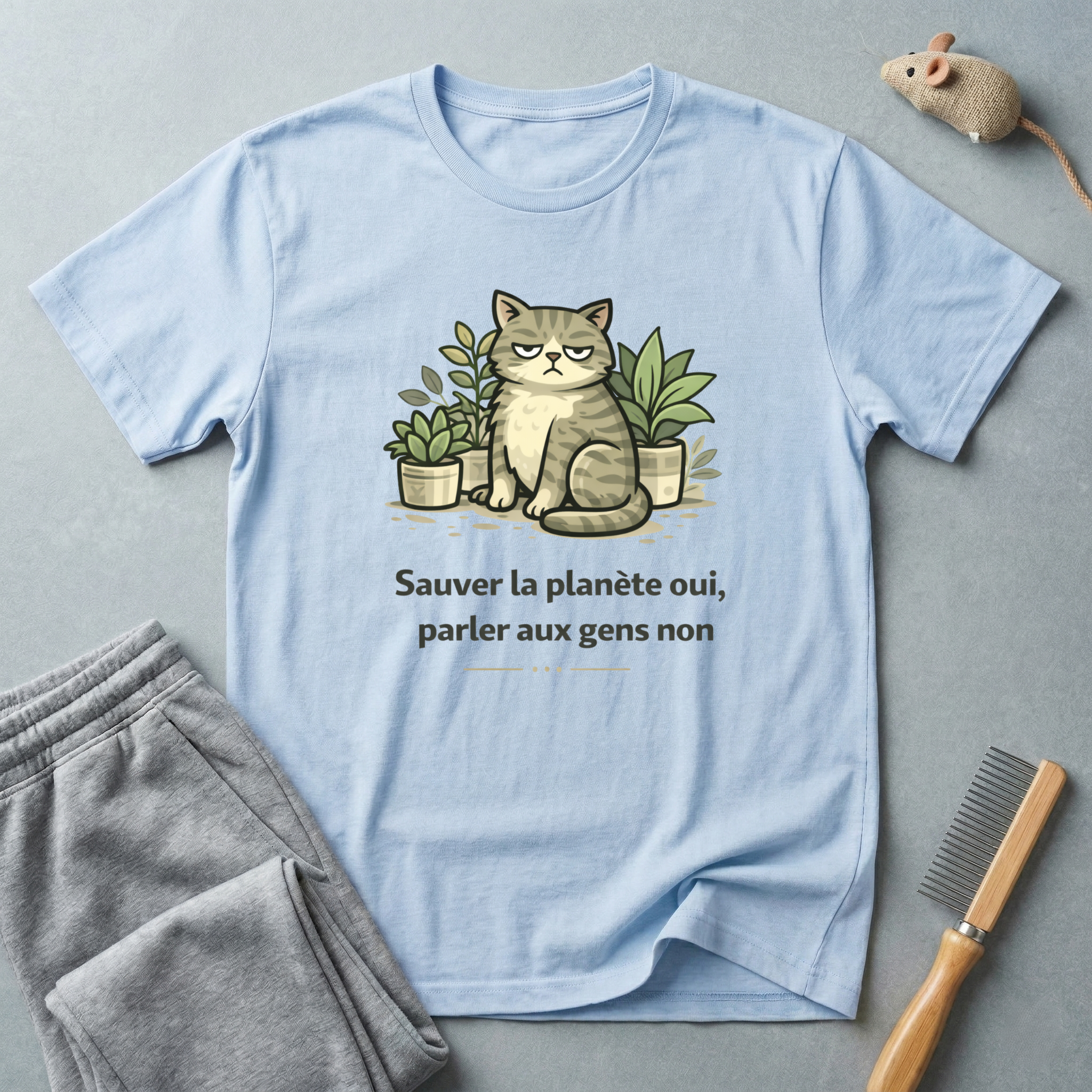 T-shirt chat & plantes — «Sauver la planète oui, parler aux gens non»