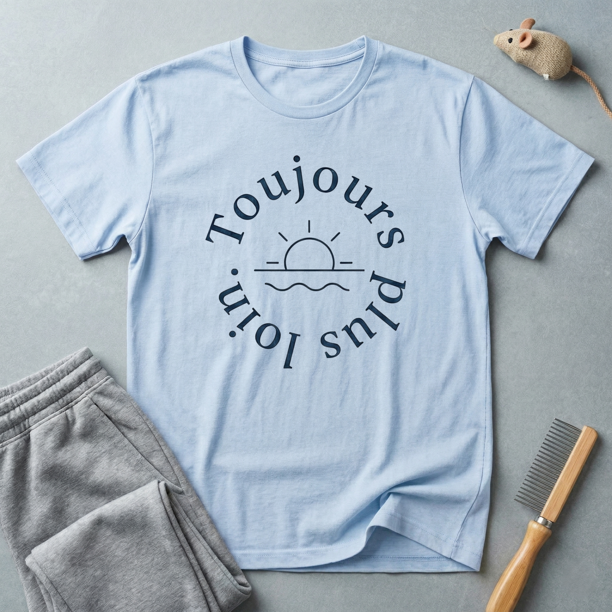 T-shirt «Toujours Plus Loin» — T-shirt graphique minimaliste lever de soleil