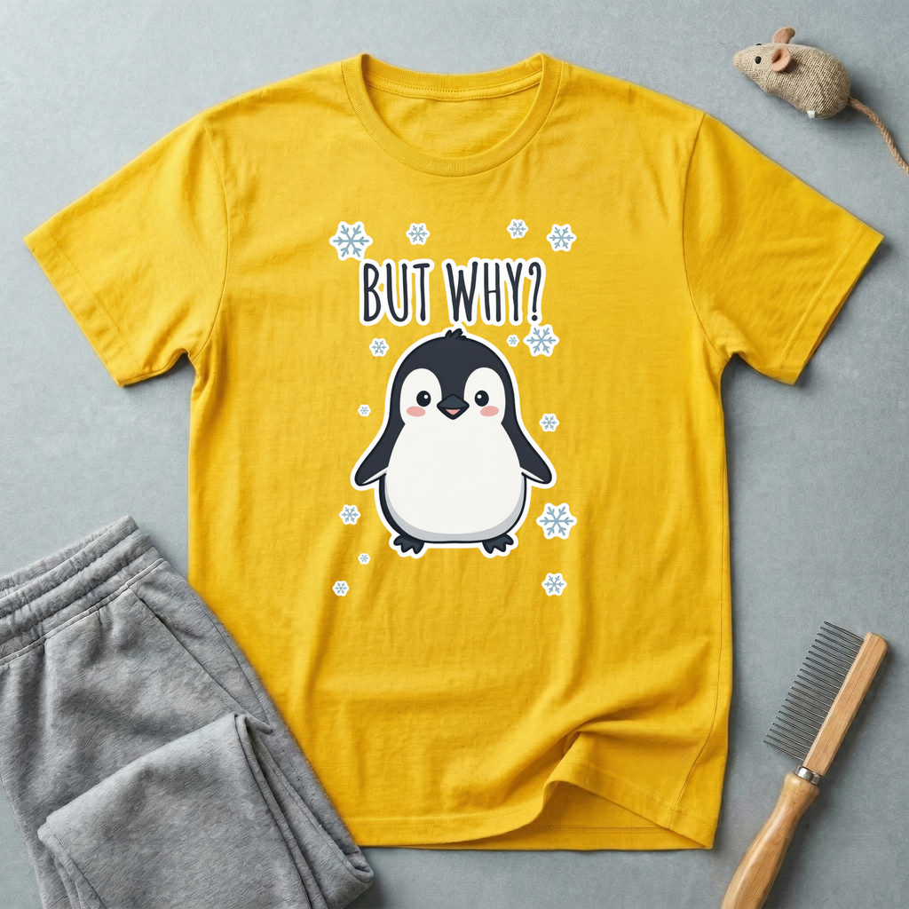 T-shirt pingouin «But Why?» — T-shirt graphique d’hiver mignon
