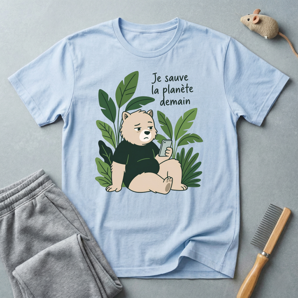 T-Shirt — Je sauve la planète demain (Ourson se relaxant avec des plantes)
