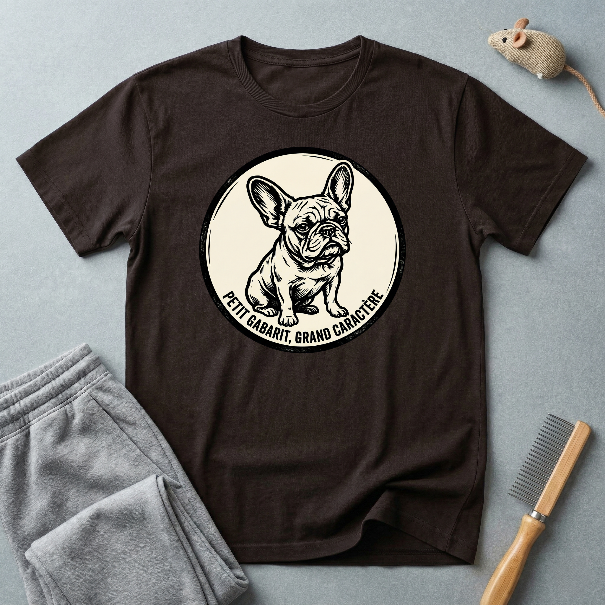 T-shirt graphique Bouledogue Français — «Courage mignon, grand caractère» Badge vintage