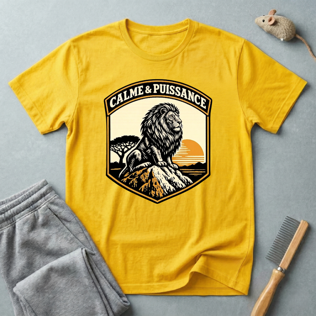 T-shirt graphique Lion «Calme & Puissance» — T-shirt vintage safari au coucher de soleil