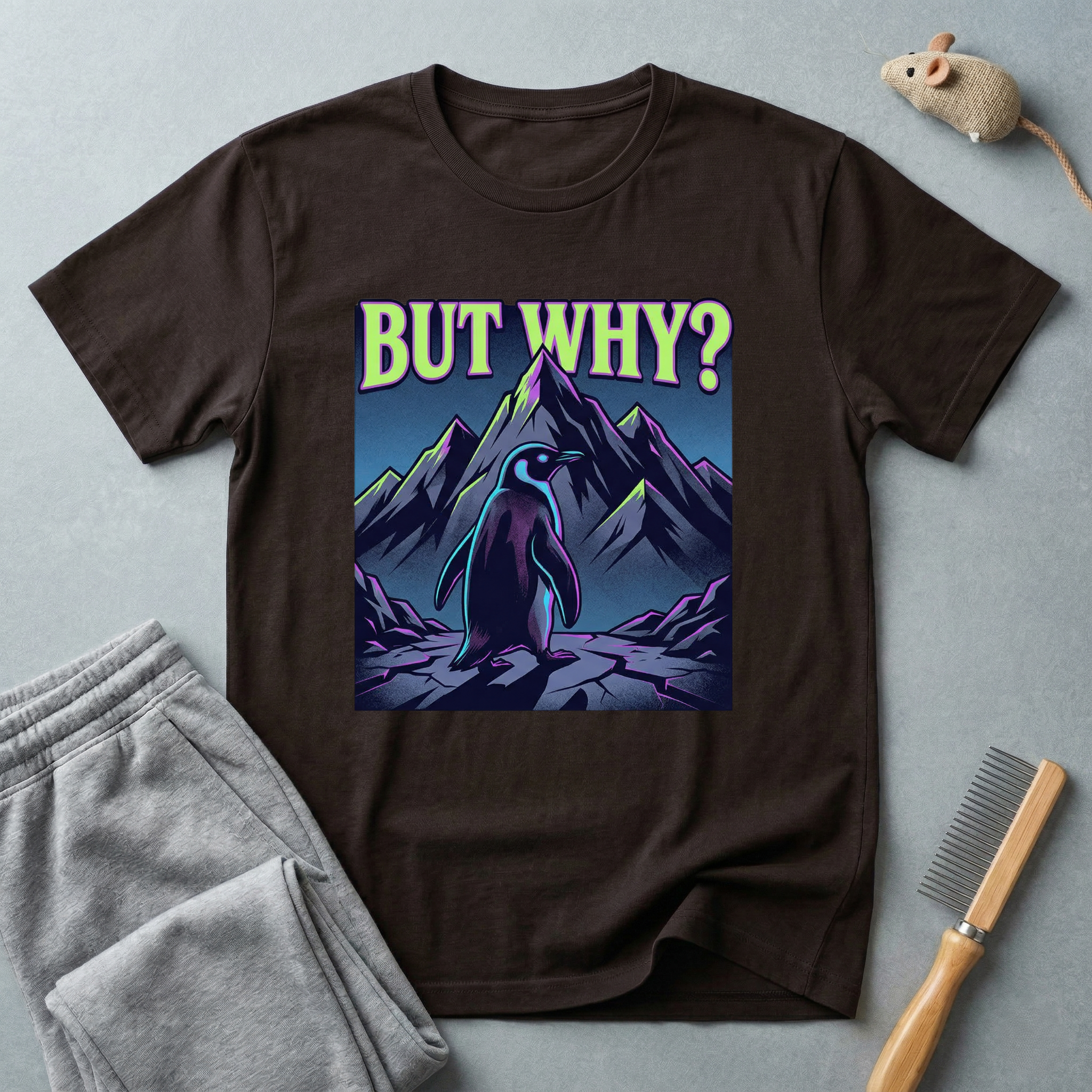 T-shirt — Silhouette de montagne minimaliste avec motif pingouin «But Why»