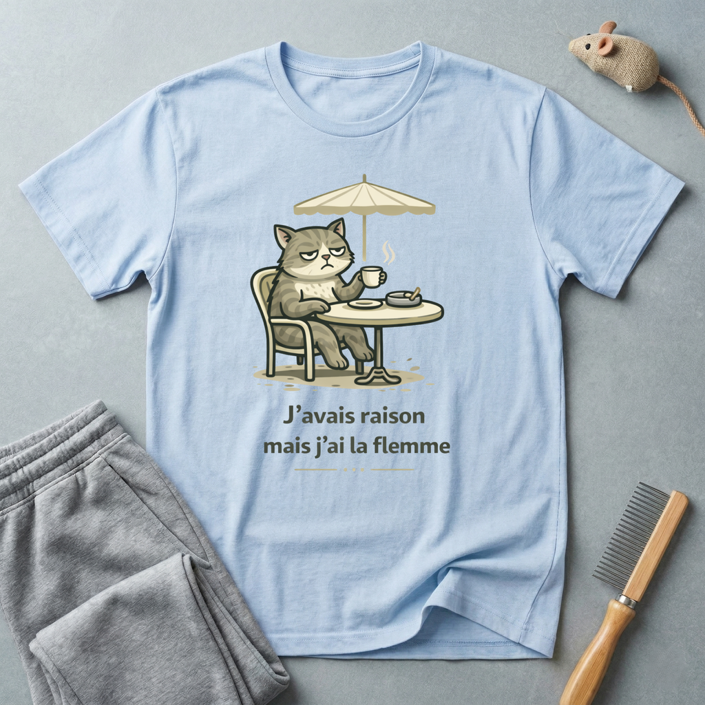 T-shirt Café du chat paresseux – "J'avais raison mais j'ai la flemme"