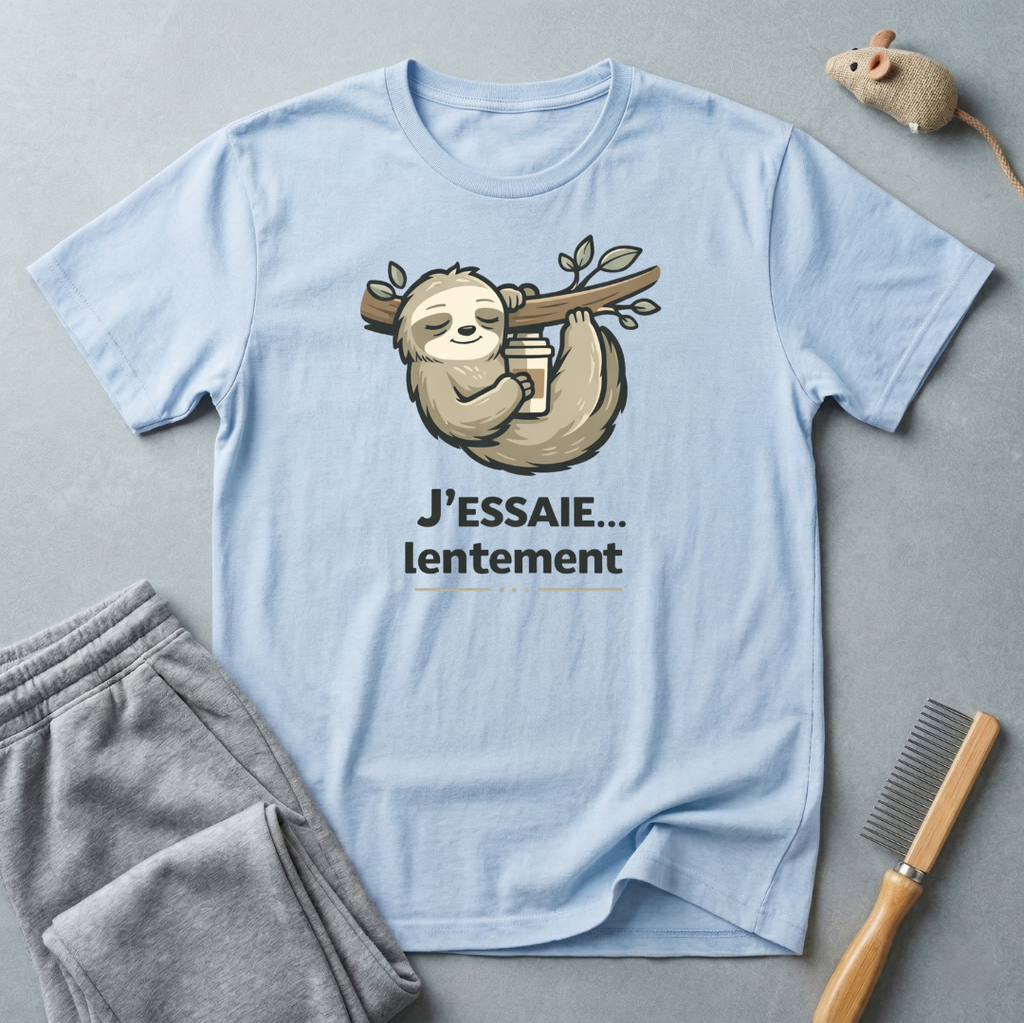 T-shirt paresseux café — «J’essaie… lentement»