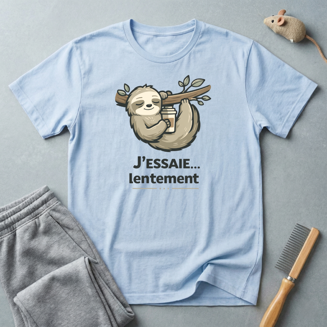 T-shirt paresseux café — «J’essaie… lentement»