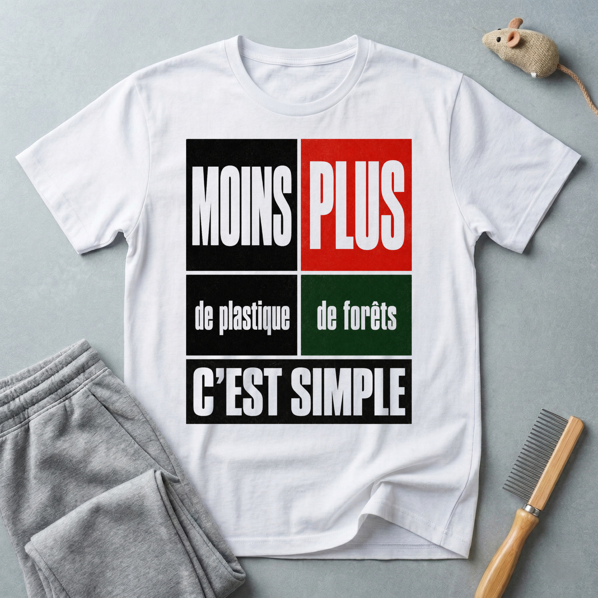 T-Shirt — “Moins Plastique, Plus Forêts — C’est Simple”