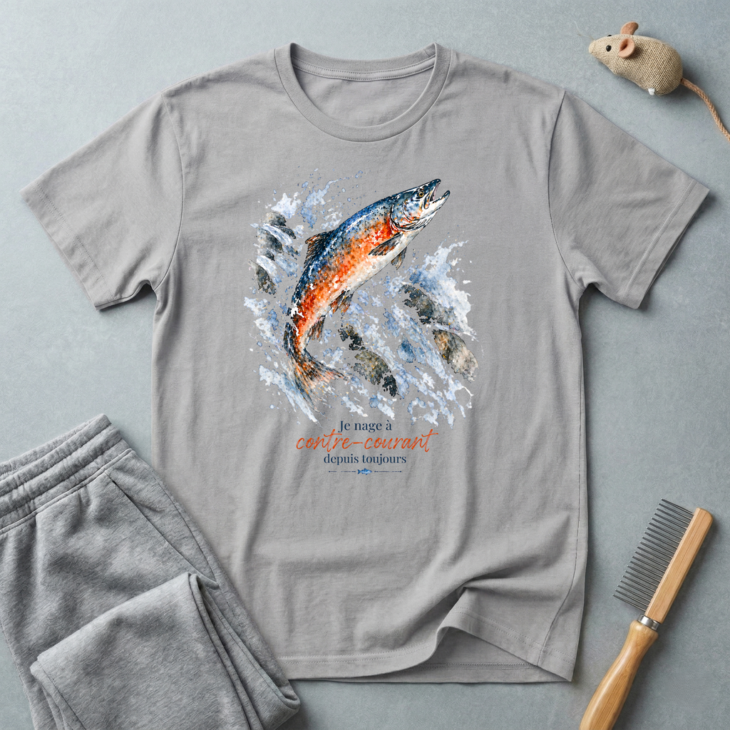 T-shirt graphique saumon bondissant — "Je nage à contre-courant depuis toujours."