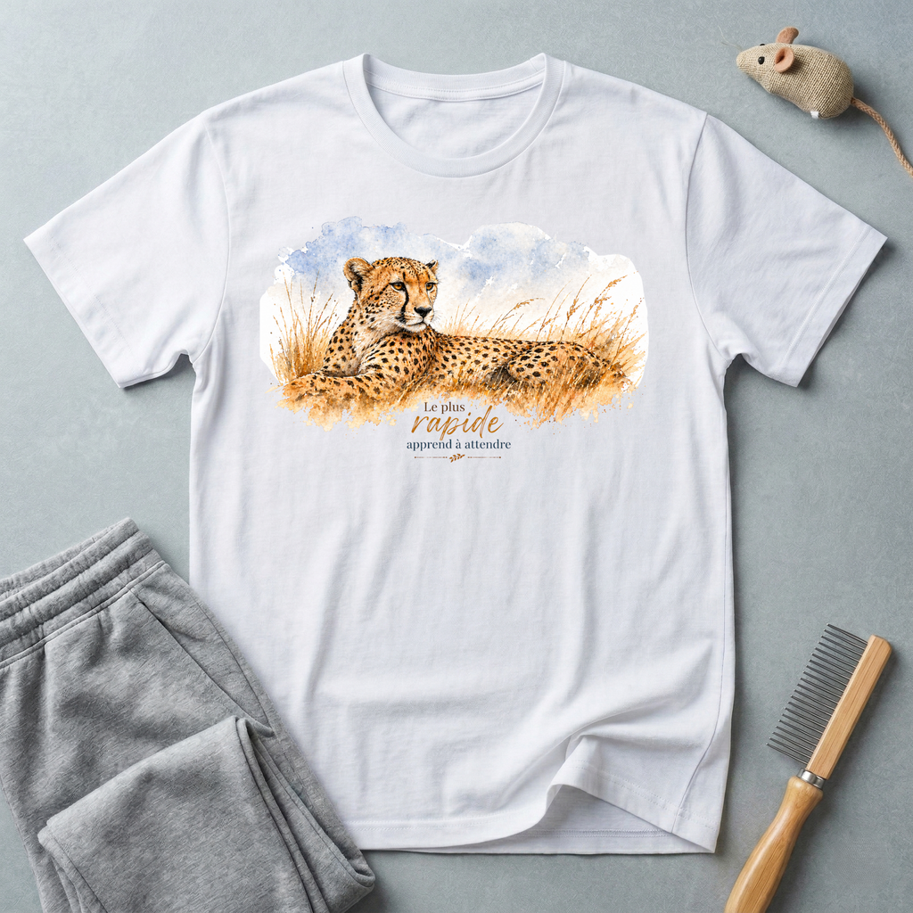 T-shirt graphique guépard en détente — «Le plus rapide apprend à attendre»