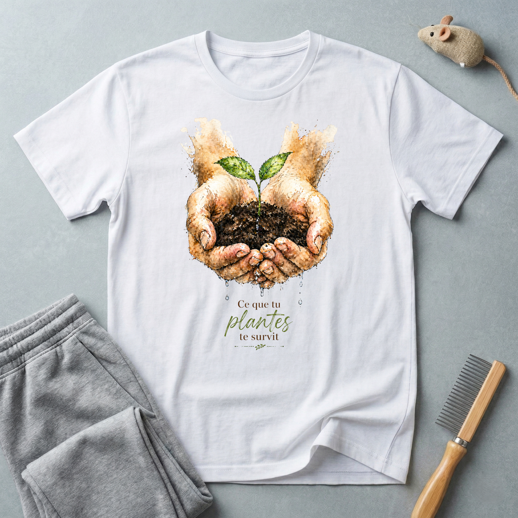 T-shirt - Mains tenant une jeune pousse «Ce que tu plantes te survit»