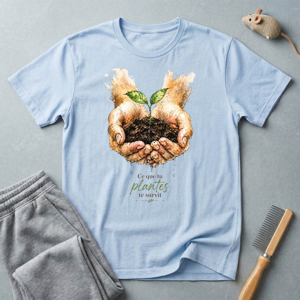 T-shirt - Mains tenant une jeune pousse «Ce que tu plantes te survit»