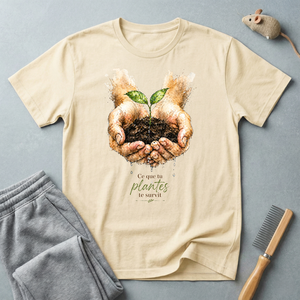 T-shirt - Mains tenant une jeune pousse «Ce que tu plantes te survit»