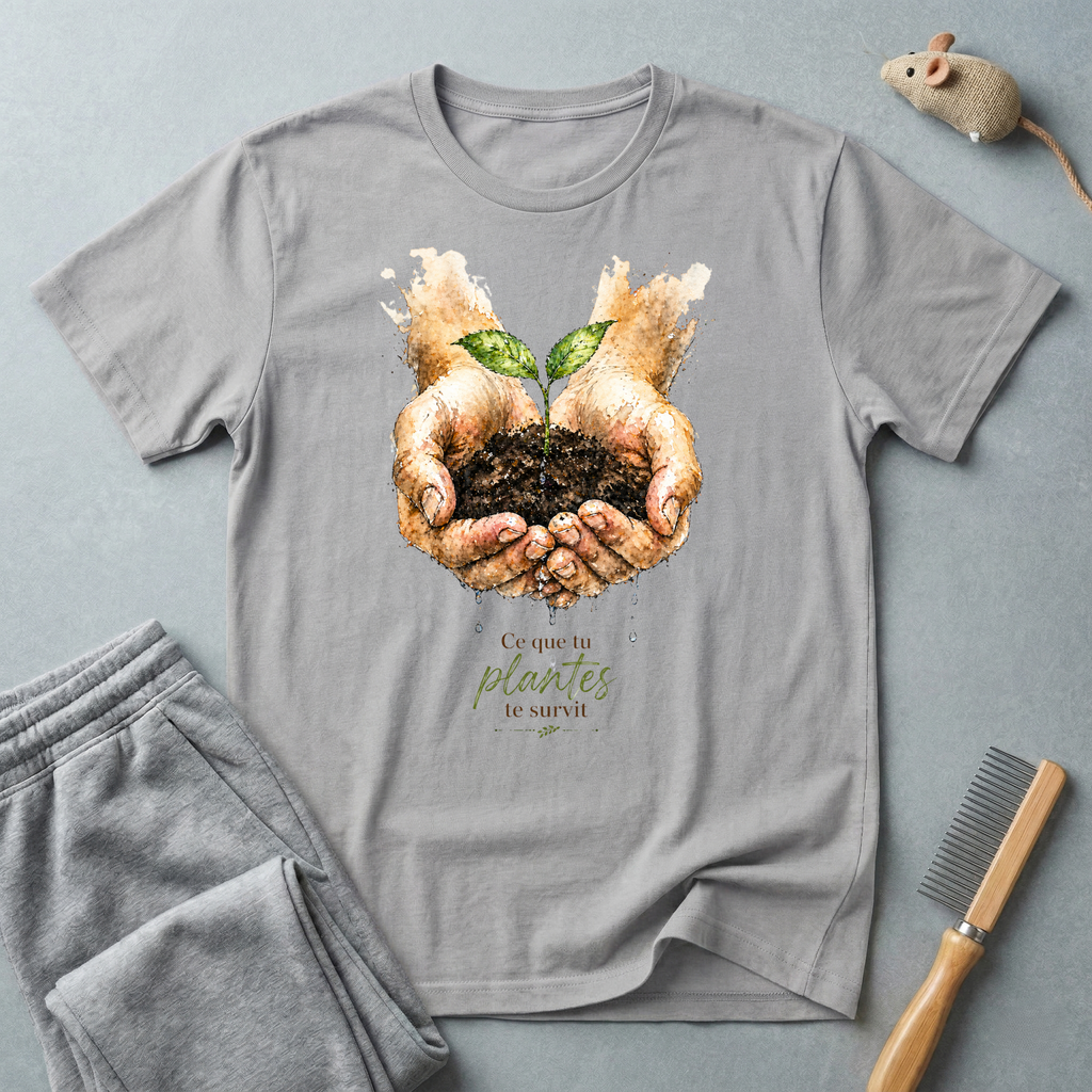 T-shirt - Mains tenant une jeune pousse «Ce que tu plantes te survit»