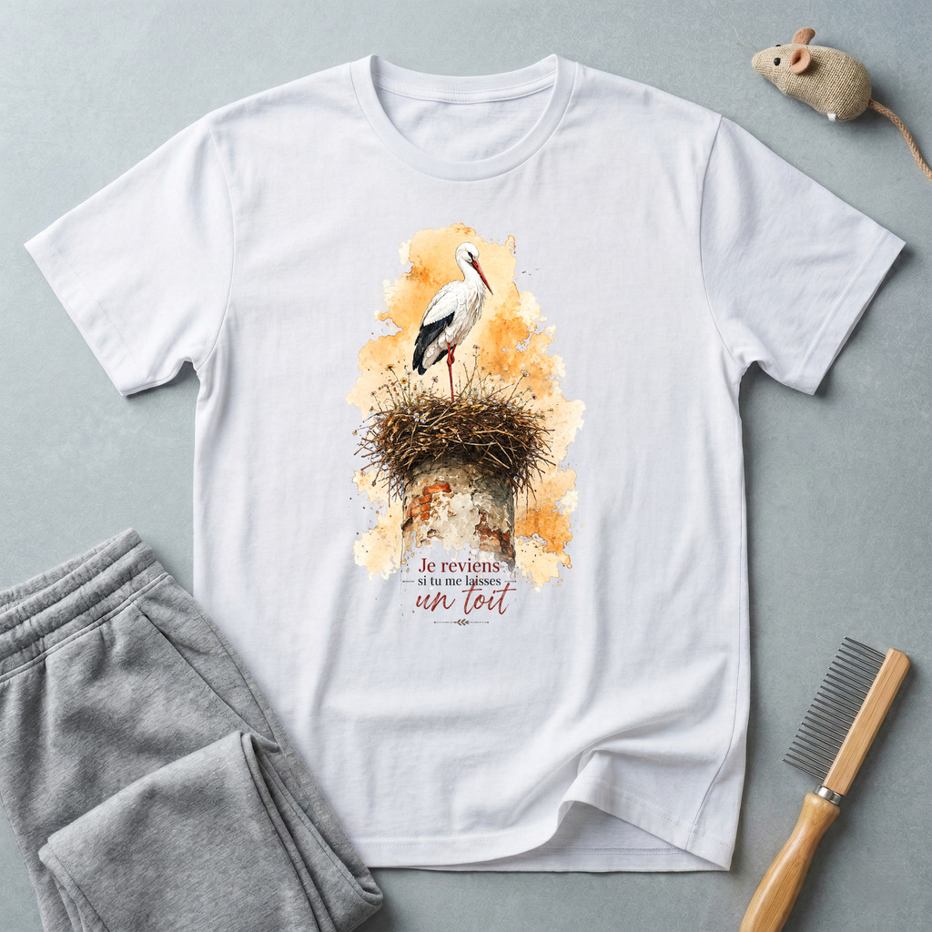 T-shirt aquarelle nid de cigognes — «Je reviens si tu me laisses un toit»