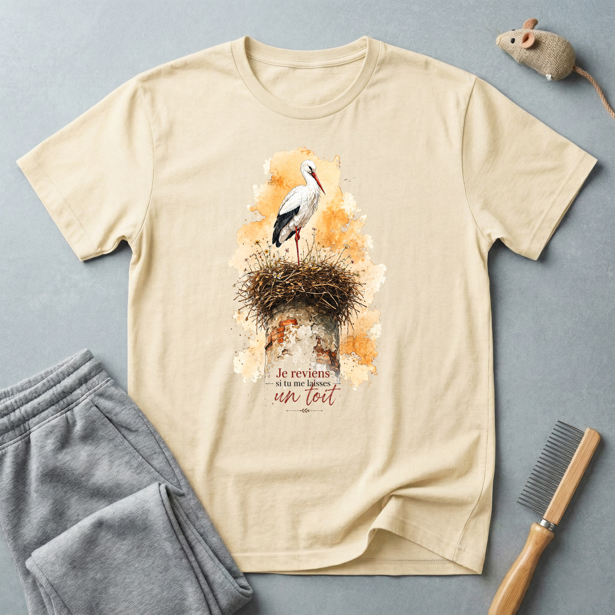 T-shirt aquarelle nid de cigognes — «Je reviens si tu me laisses un toit»