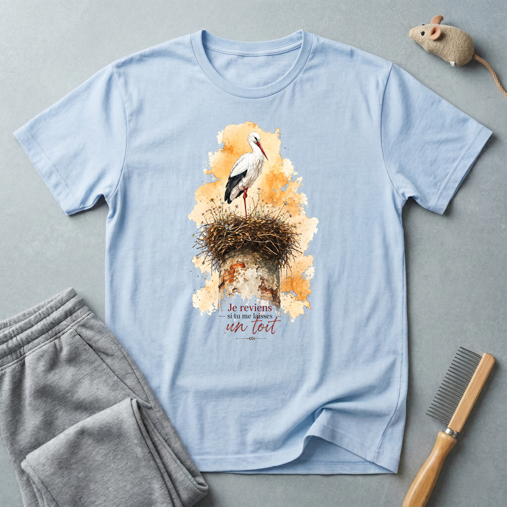 T-shirt aquarelle nid de cigognes — «Je reviens si tu me laisses un toit»
