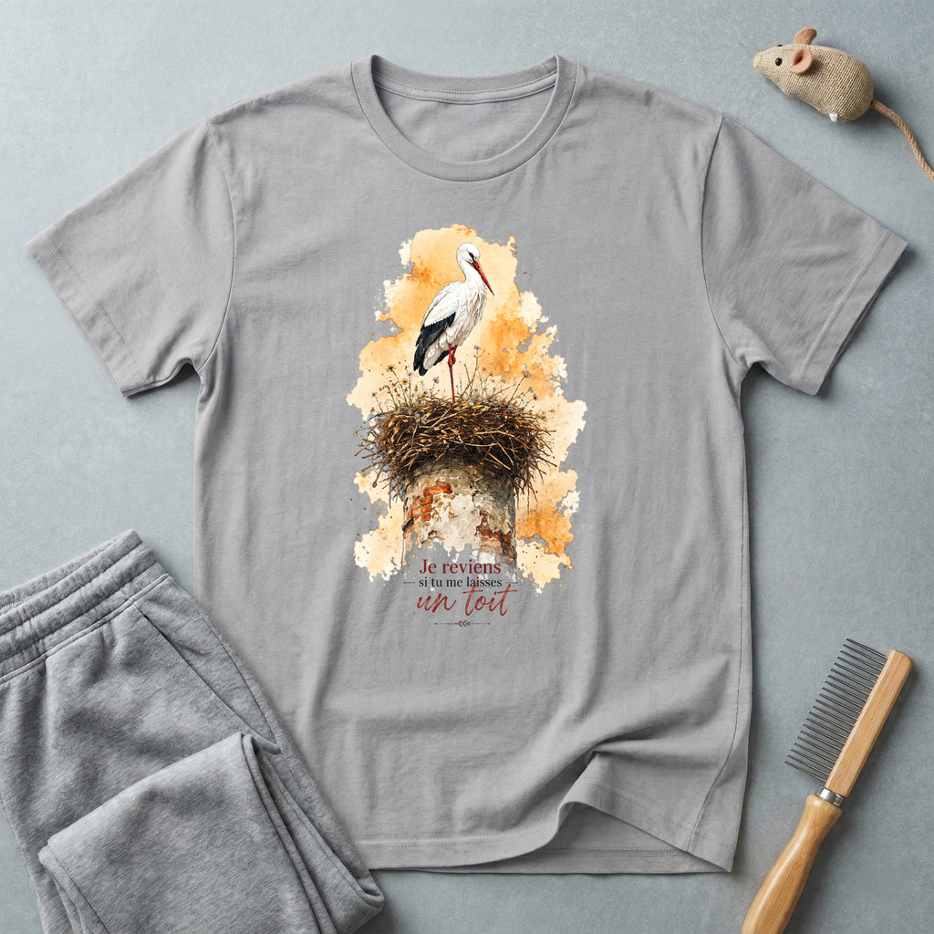 T-shirt aquarelle nid de cigognes — «Je reviens si tu me laisses un toit»