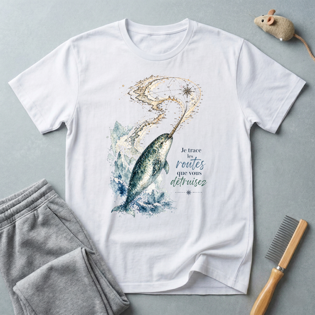 T-shirt narval nage étoilée — «Je trace les routes que vous détruisez» — T-shirt animalier océanique