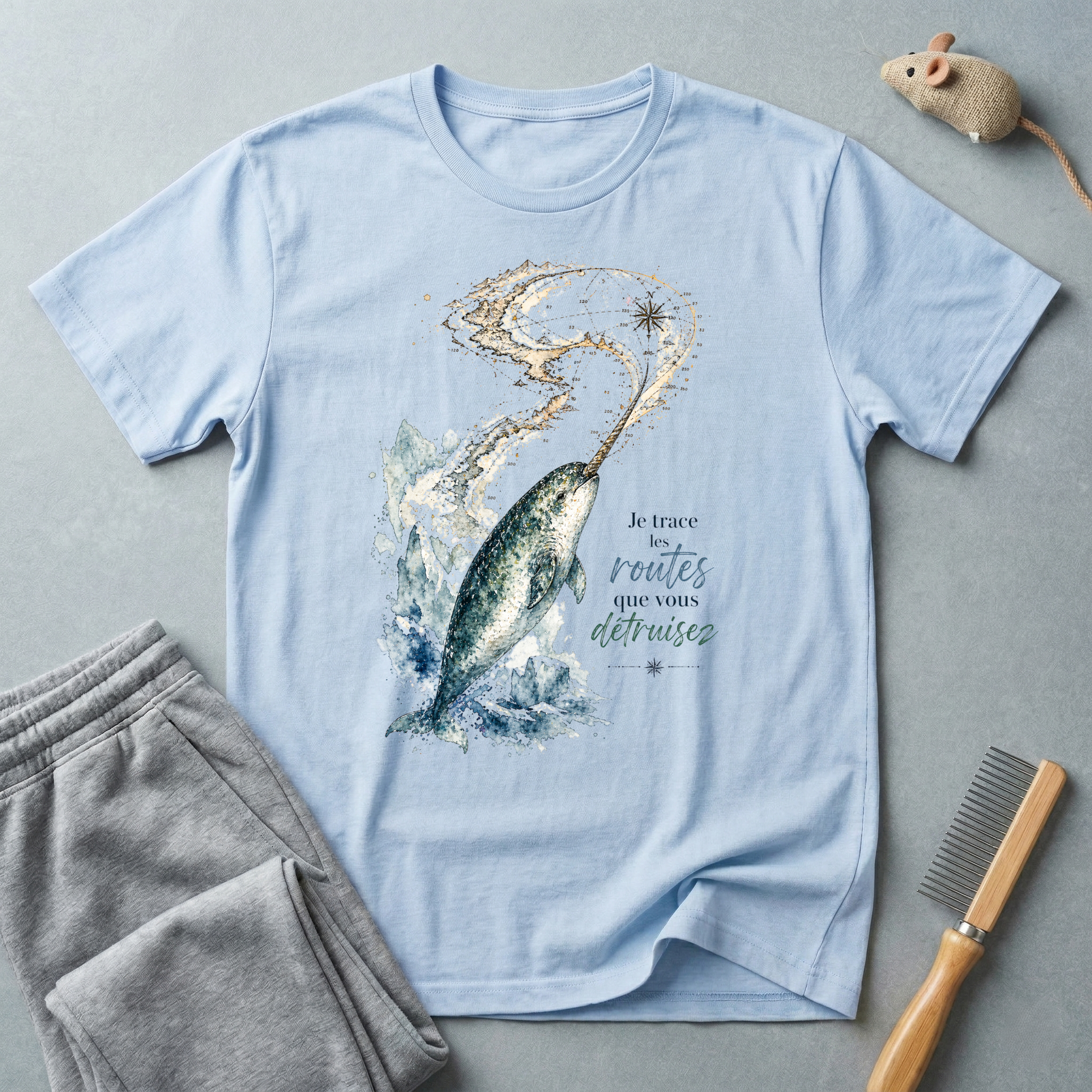T-shirt narval nage étoilée — «Je trace les routes que vous détruisez» — T-shirt animalier océanique