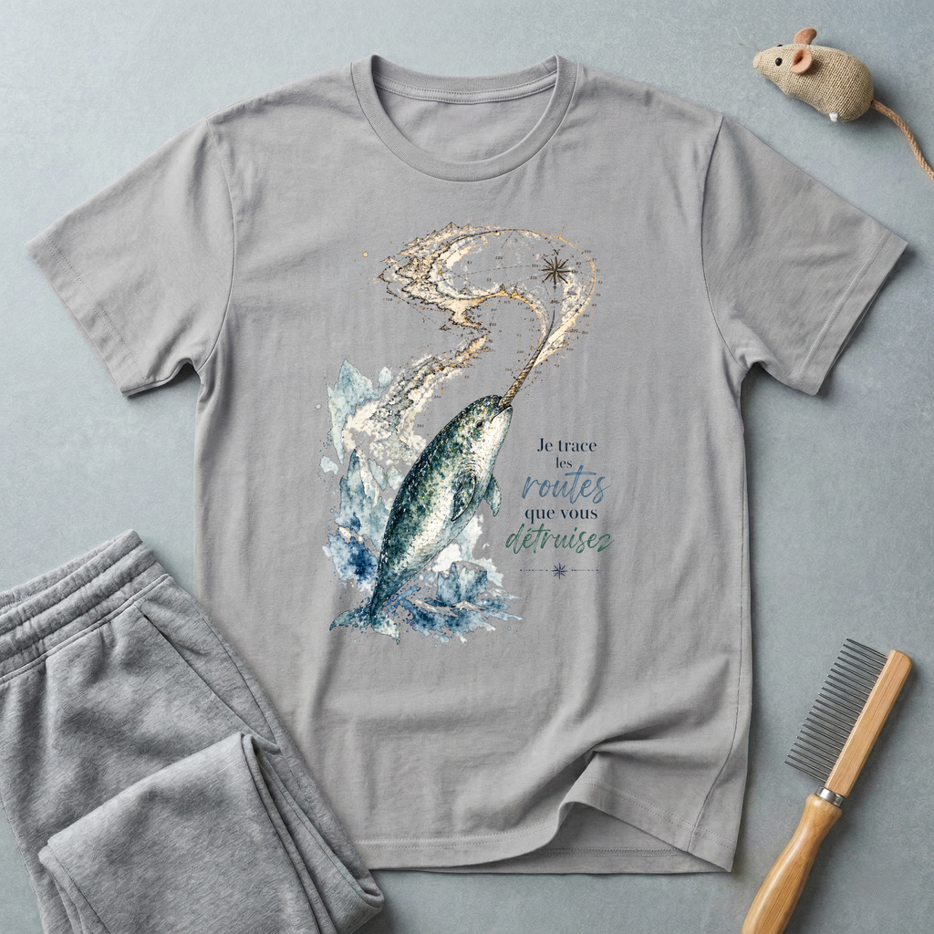 T-shirt narval nage étoilée — «Je trace les routes que vous détruisez» — T-shirt animalier océanique
