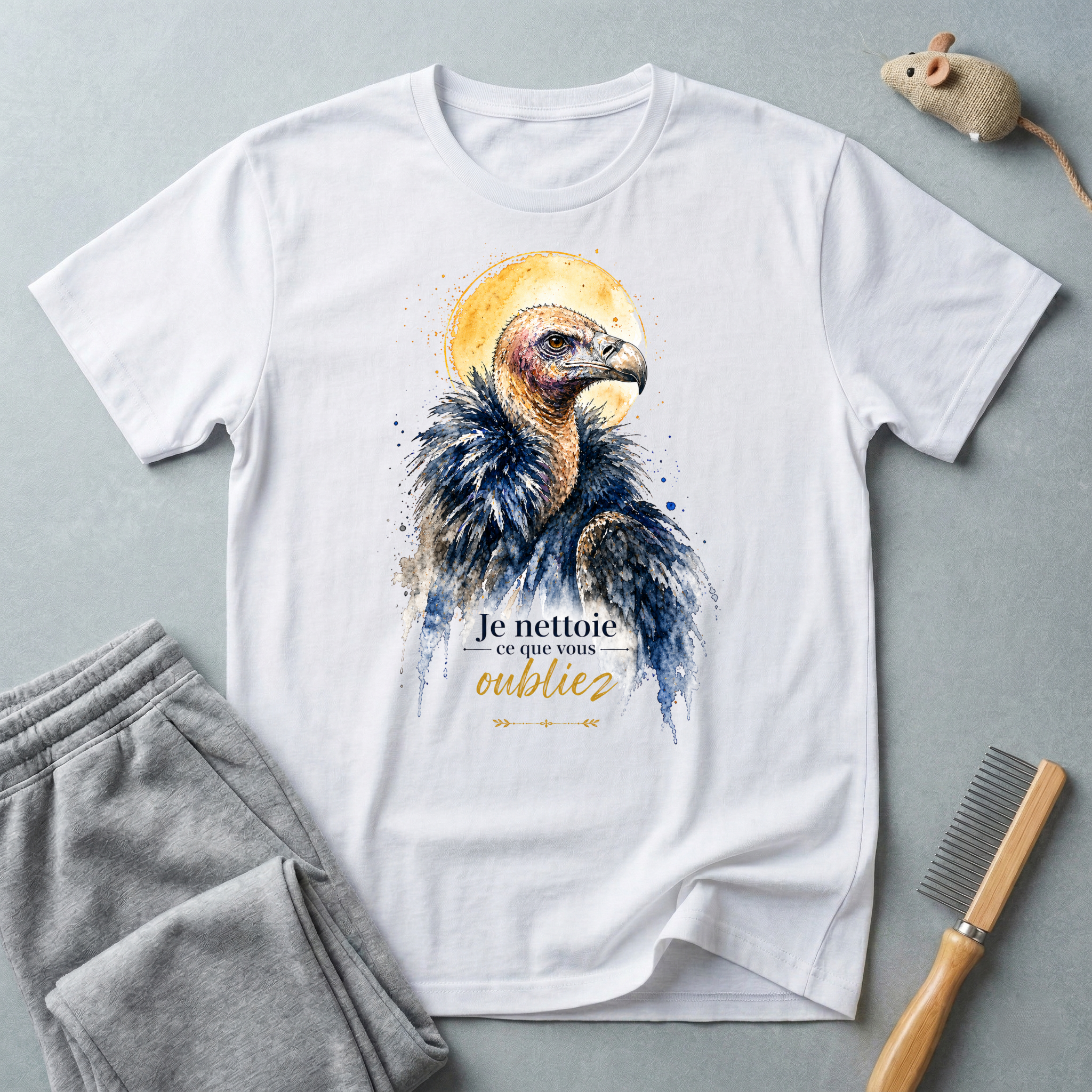 T-shirt aquarelle vautour — «Je nettoie ce que vous oubliez»