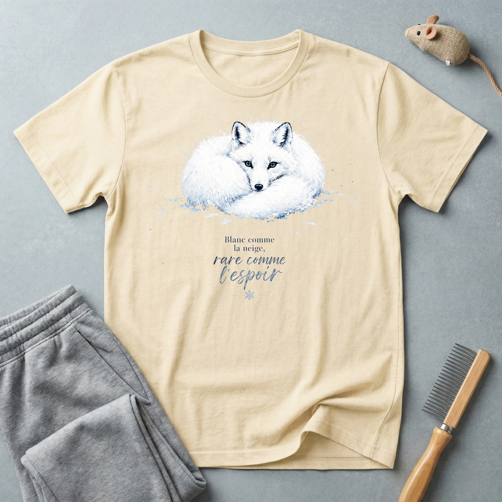 T-shirt illustration renard arctique — «Blanc comme la neige, rare comme l'espoir»