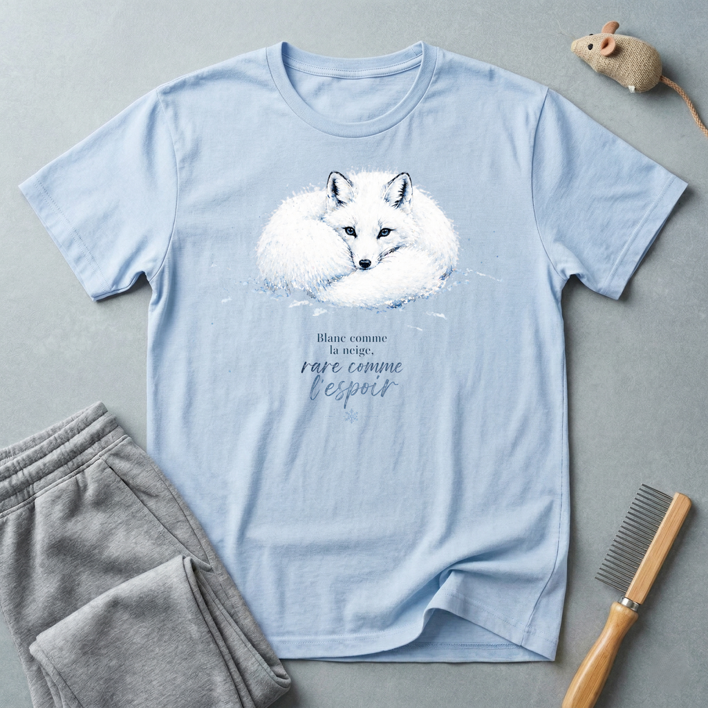 T-shirt illustration renard arctique — «Blanc comme la neige, rare comme l'espoir»